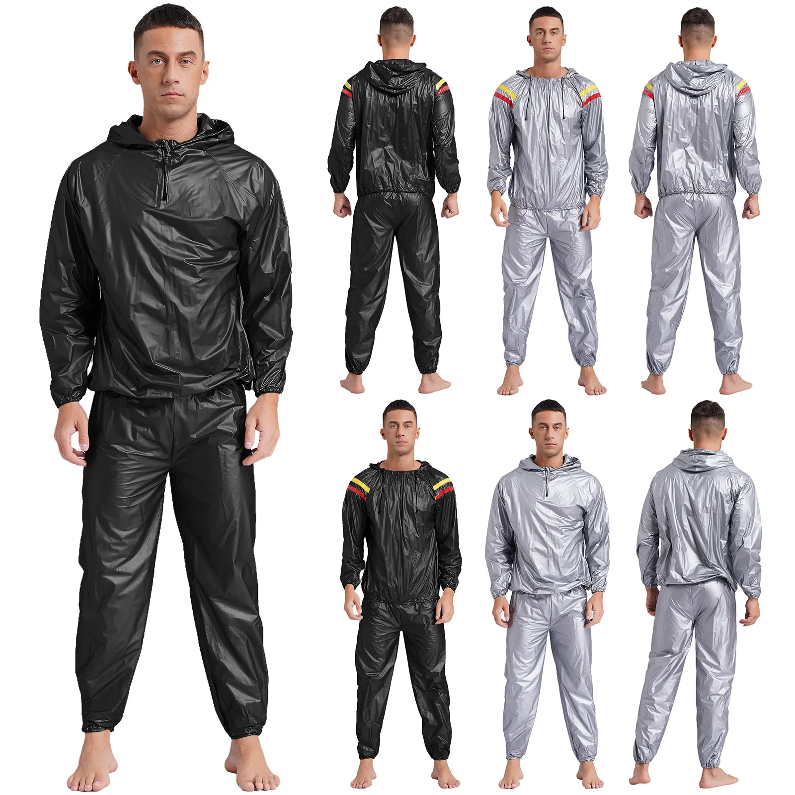 Mens Sports Outfits Sauna Sweat Sets Long Sleeve Hooded Jacket Outerwear and Long Pants PVC Sweating Suit for Gym Workout Yoga