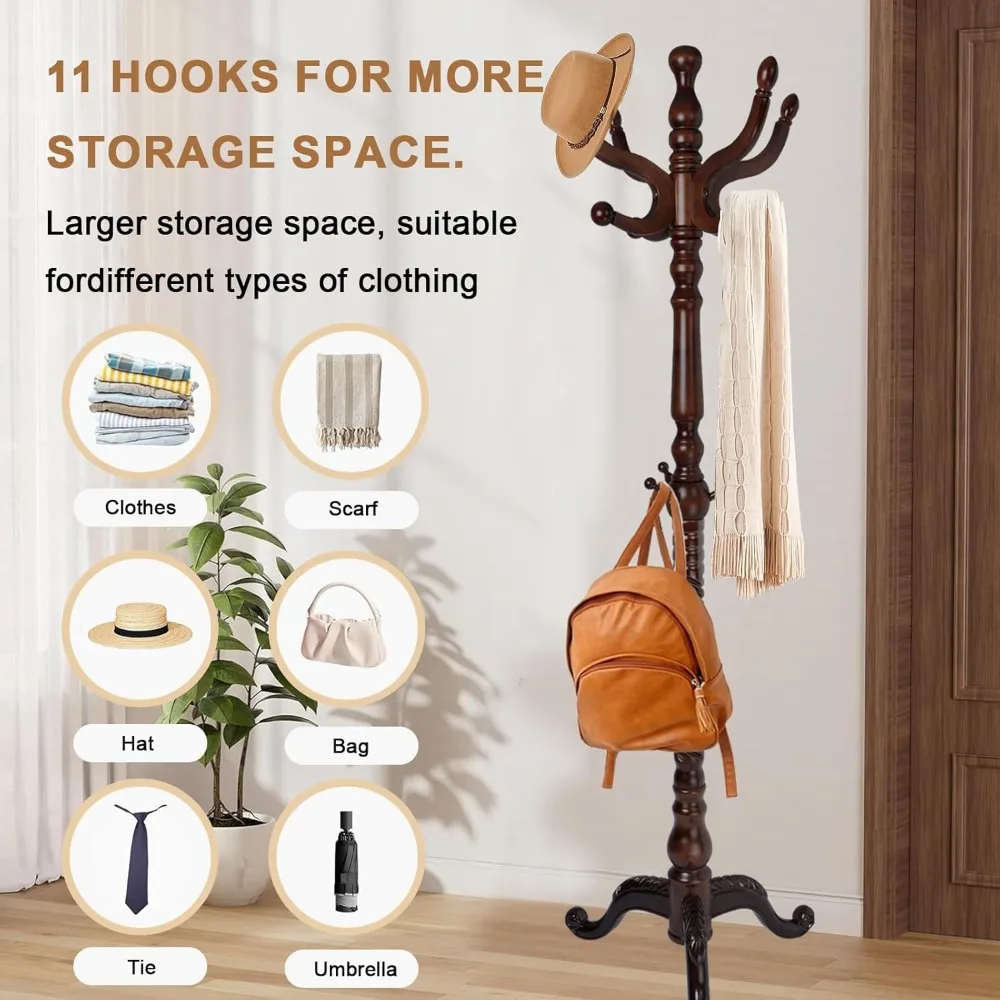 Solid Wood Coat Rack, Free Standing Hall Coat Tree with 11 Hooks, 2 Height Options, 270lbs Load, Stury Base, Clothes Rack for En