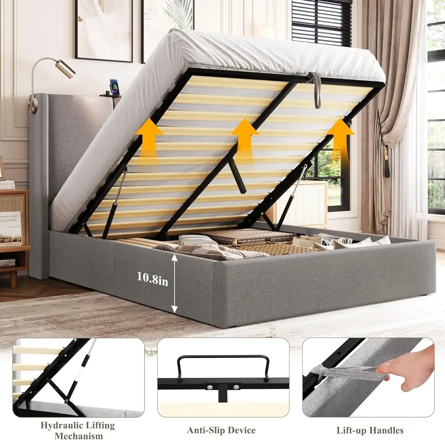 [Nuovo arrivo, prezzo scontato! ]Strucello letto contenitore sollevabile queen size con stazione di ricarica, piattaforma moderna imbottita con Re