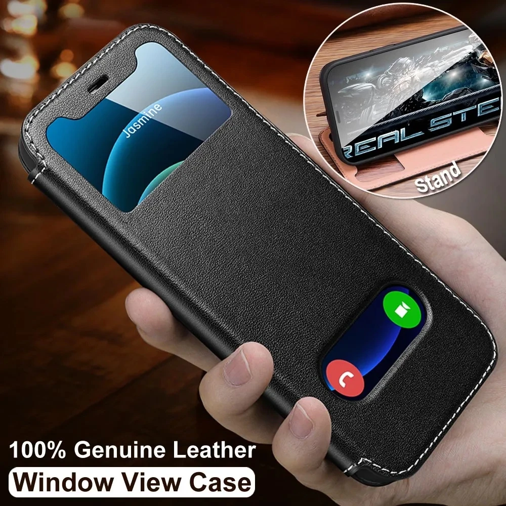 Genuine Leather Case for iPhone 16 Pro Max 13 11 12 14 15 Pro Max 16 Plus Luxury Yak Skin Pattern Window View Flip Cover