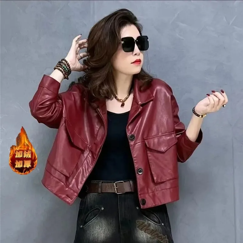 Women's Leather Jacket 2024 Winter New Fashion Versatile Solid Color Thicken Short PU Motorcycle Coat Spring Autumn Casual Coat