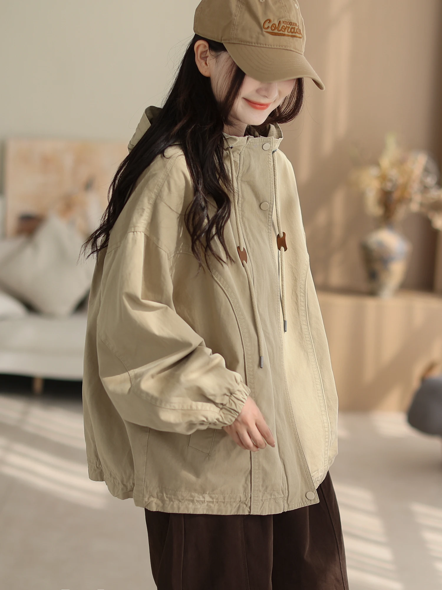 

Cyu 2025 Autumn Cotton Hooded Jaet Women's Loose Windproof Parka Casual Sle Straight Hem Zipper Closure Daily Wear