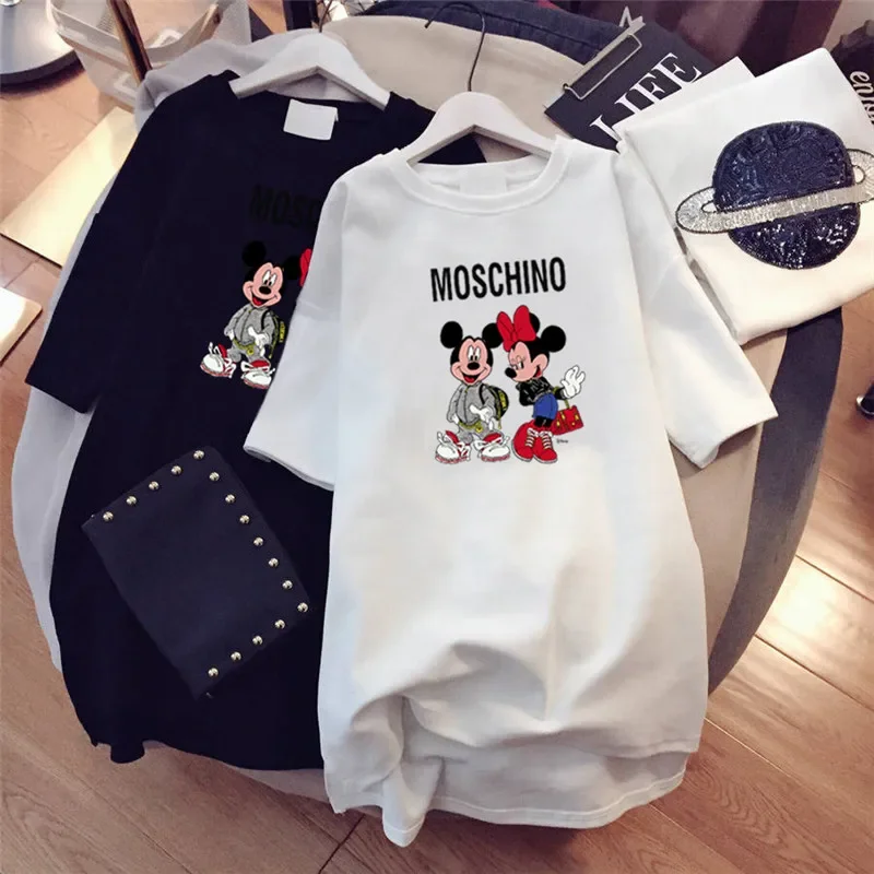 Trendy Printed T-Shirt Women\'s Mickey Minnie Summer Loose Short Sleeve Mid-Length Large Size Fashion T-Shirt Women\'s Clothing