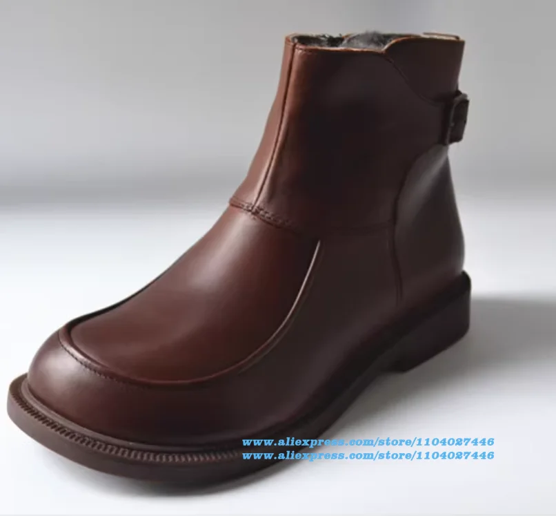 

Cowhide Buckle Strap Snow Boots Brown High-Top Men's Boots British Style Trendy Luxury Handmade Wool Booties Males Shoes
