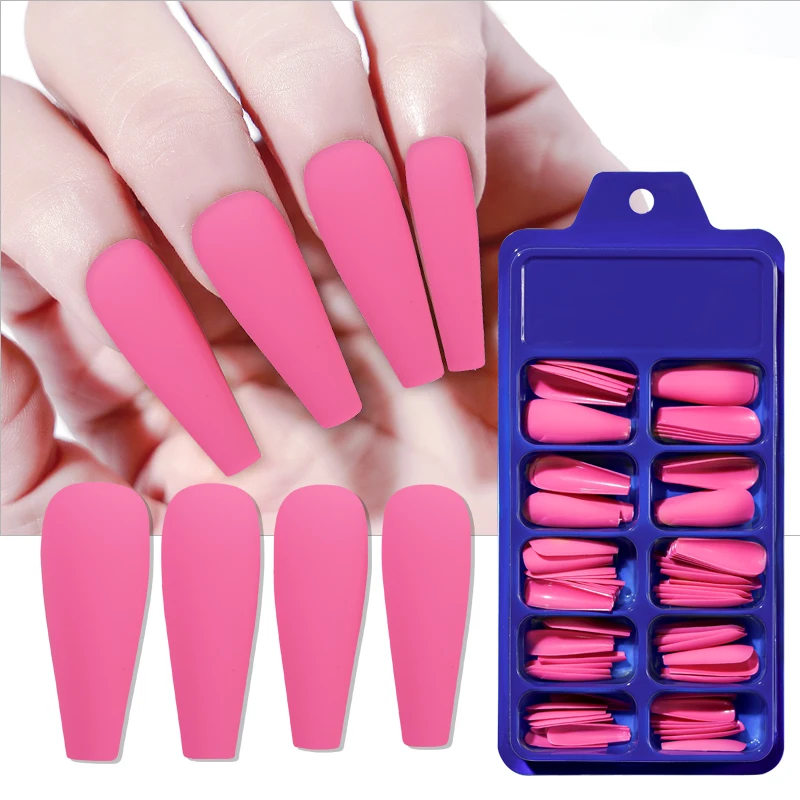 100Pcs/Box Long Coffin Press on Nails Full Cover Matte French Ballerina Fake Nail Art Tips Solid Color Acrylic Nail Extension