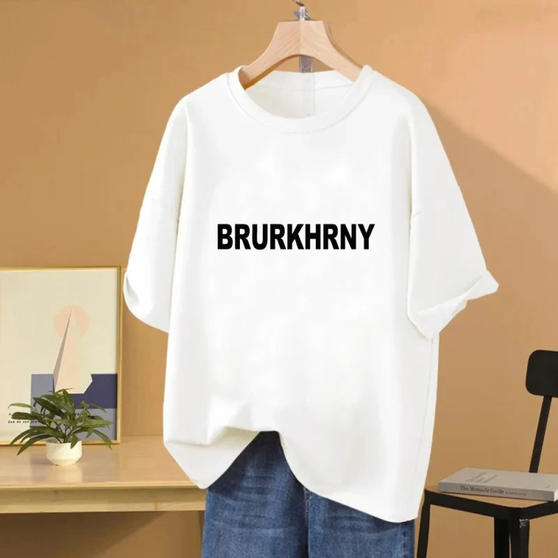 

Women's Loose Cotton Printed Short Sleeved Top with Trendy Black BRURKHRNY Letter Print Suitable for Spring and Summer