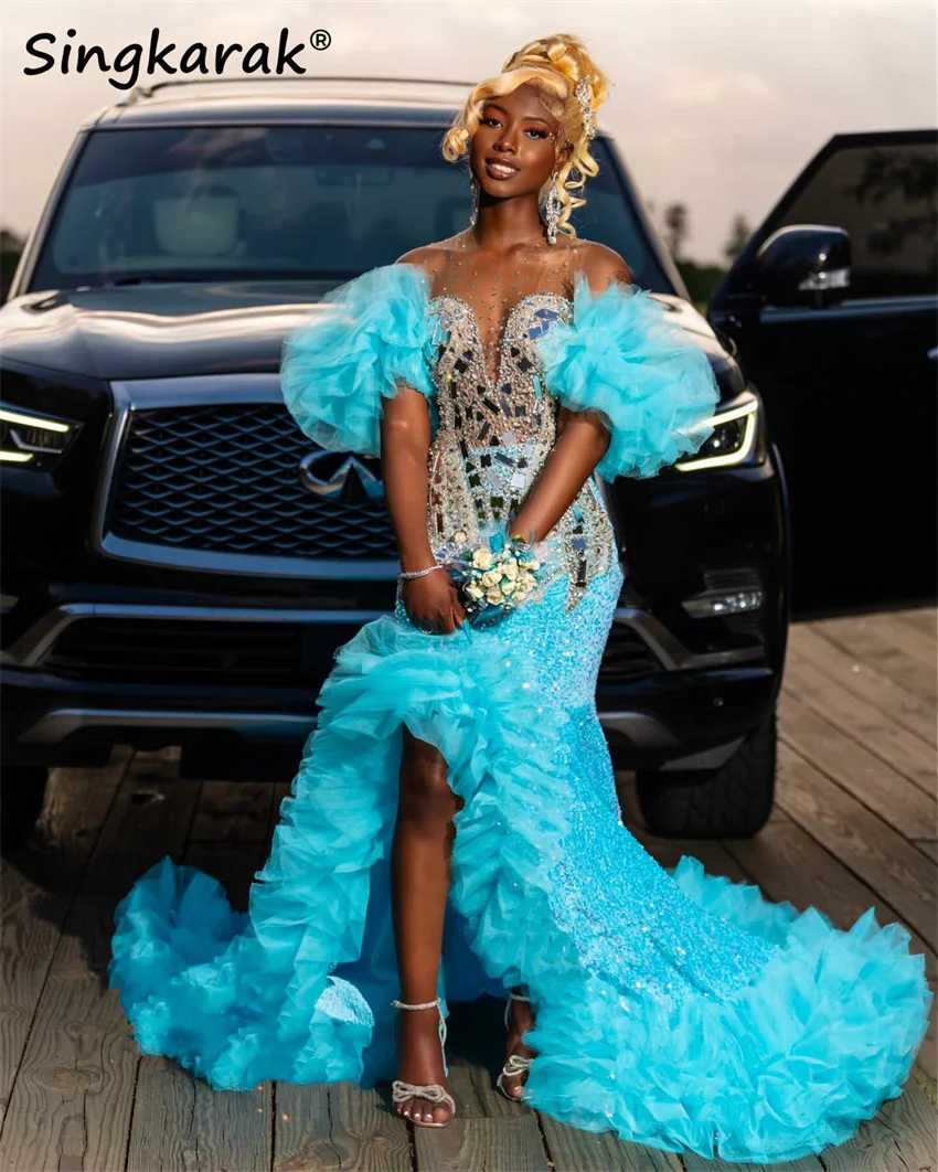 

Shining Blue Sequind Prom Dress Glitter Beads Rhinestones Birthday Party Dress Ruffles Elegant Puffy Sleeves Dresses