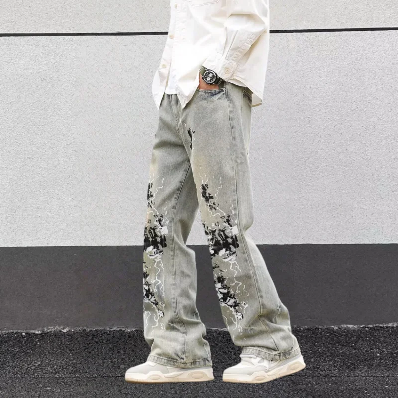2026 Cyber Y2K Streetwear Graffiti Distressed Blue Baggy Jeans Pants For Men Clothing Straight Gothic Denim Trousers Moda Hombre
