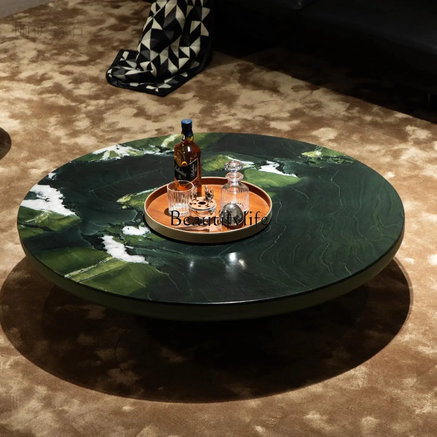 

01 -*Avocado green luxury stone coffee table round coffee table natural marble