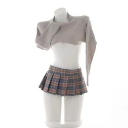 Anime Cute School Girl JK Sweater Plaid Pleated Skirt Uniform Suit Cosplay Costume Role Play Sweet Skirt Set Halloween Outfits