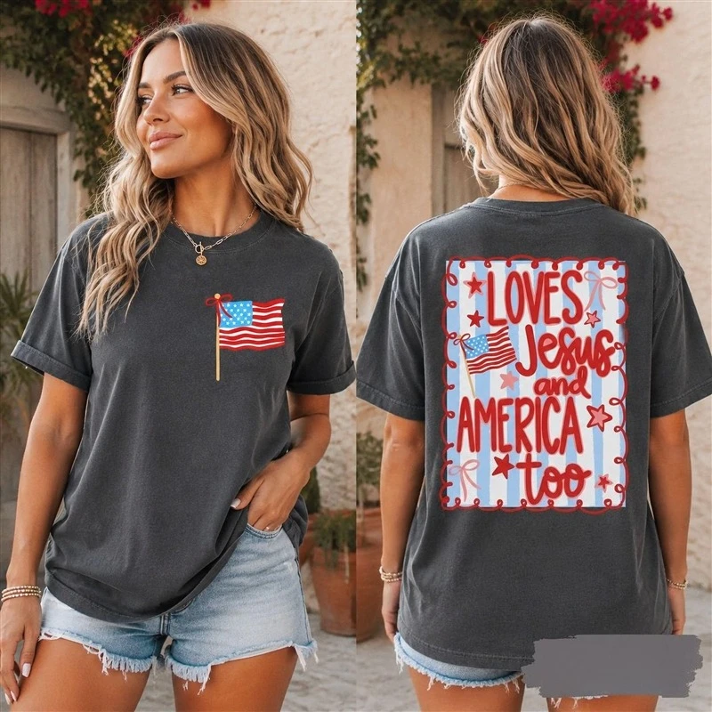 Loves Jesus and America Too Shirt Women Men Fashion 4th of July 250th Anniversary Streetwear Casual Independence Day Tees