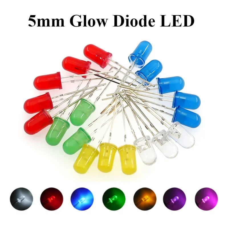 

20/50/100Pcs/lot 5mm LED Diode F5 White Prussian Green Emerald Green Red Blue Yellow Orange Pink Purple DIY Light Emitting Diode