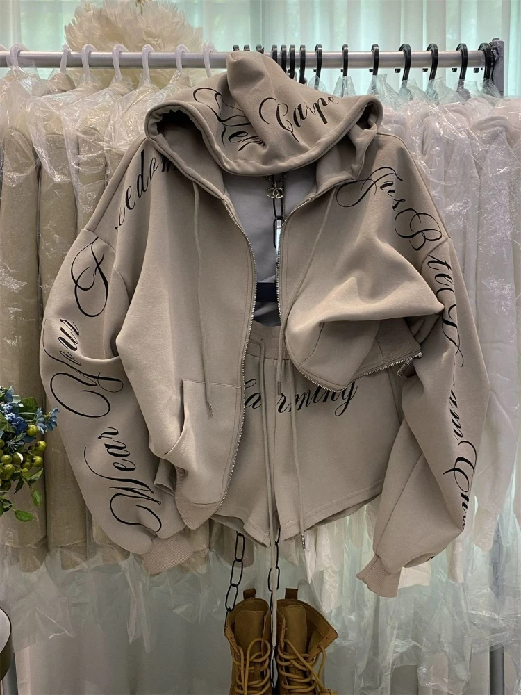 American Vintage Long Sleeve Hoodie Letter Print + Sexy Shorts Two-Piece Set Women Casual Y2k Retro Outfit Autumn Winter 2026