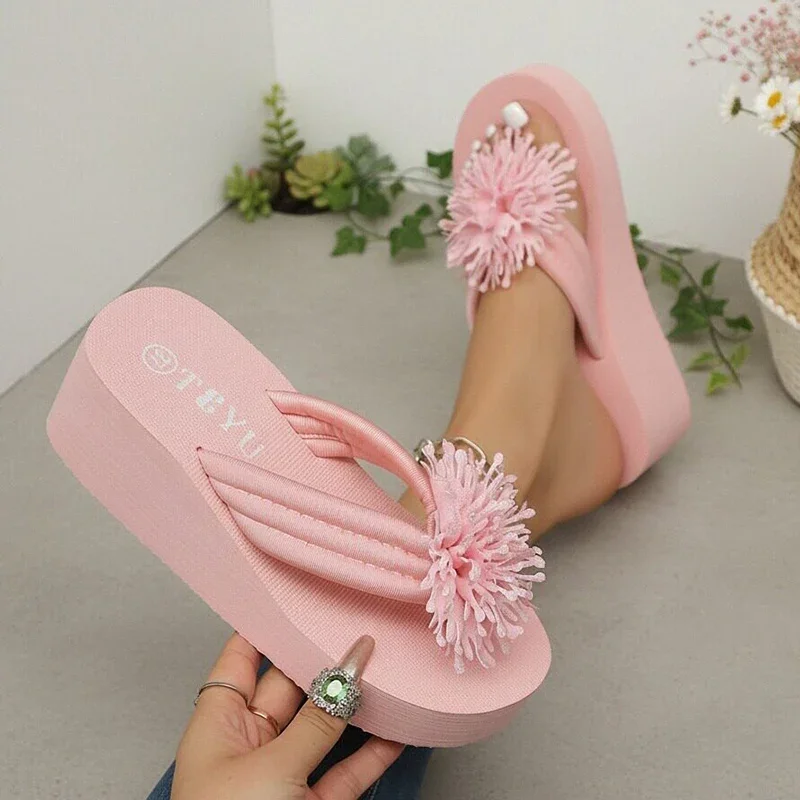 Sandales compensées d'été pour femme, motif floral rose, en EVA, à entre-doigts, grande taille 42, style plateforme, pour les vacances