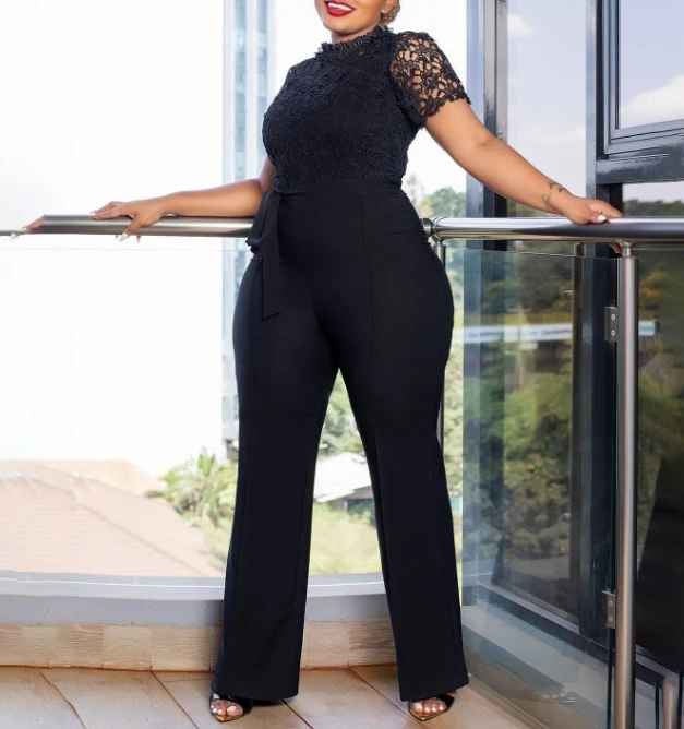 Lace lace cut hollow short sleeved strappy high waisted wide leg jumpsuit
