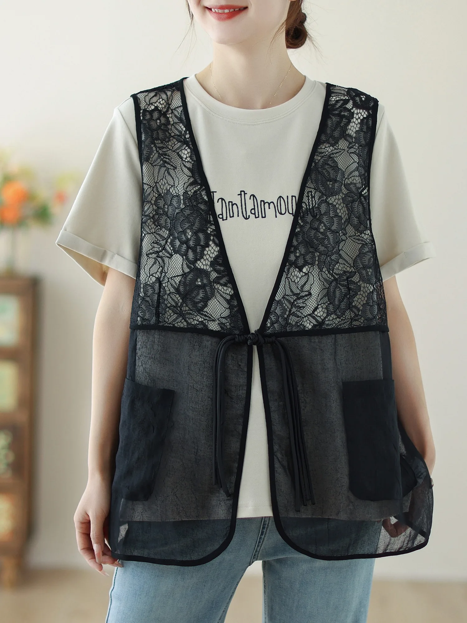 

Новый летний женский кружевной жилет с цветочным крючком, топ в китайском стиле, на пуговицах, внешняя защита от солнца, накладка на плечо irt