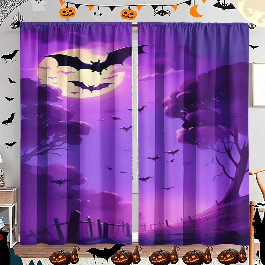 2PCS Digital Print Curtain, Purple Moon Night Graveyard Bats, Halloween Spooky Cemetery Style for Living Room Bedroom Decor