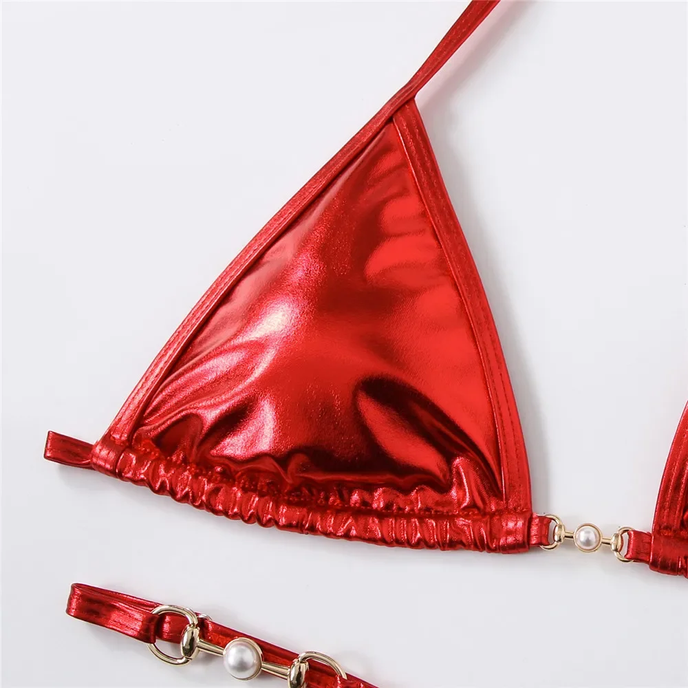 Conjunto de microbikini triangulares con cuello Halter y cordón rojo brillante, traje de baño Sexy para Mujer, traje de baño con Tanga, Bikini con cordones 2025 para Mujer Biqiunis