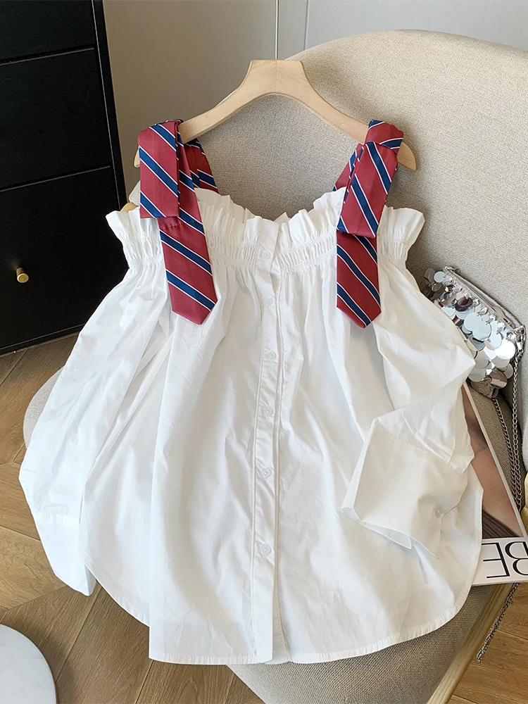 

Women's White Off Shoulder Shirts and Blouses Y2k 90s Vintage Korean Harajuku 2000s Oversize Harajuku Long Sleeve Shirt Clothes