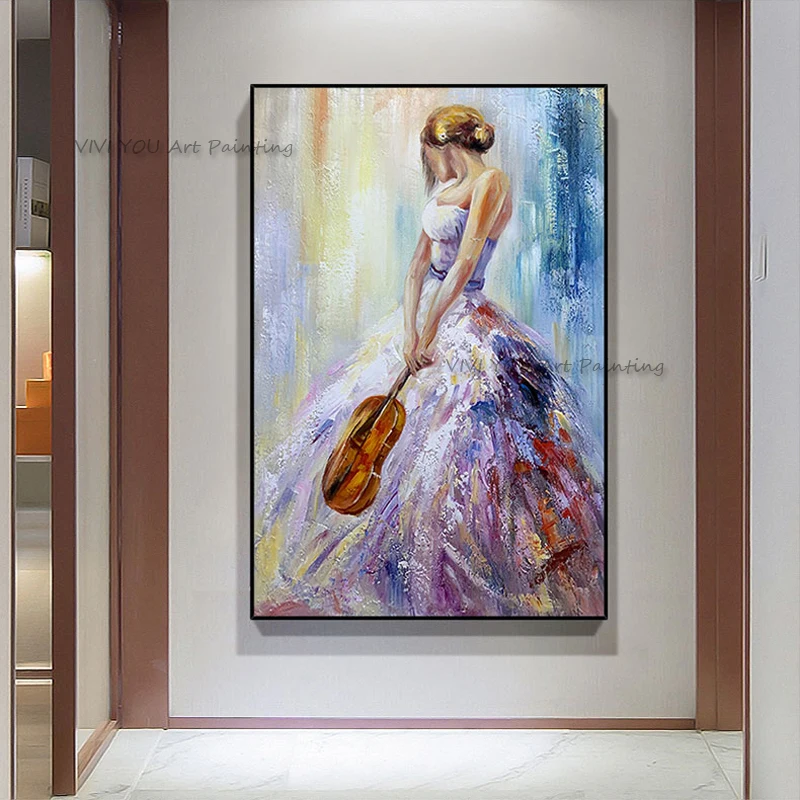 

Handpainted Color Violin Music Girl Woman Dress Abstract Oil Painting On Canvas Figure Wall Art for Living Room Decoration