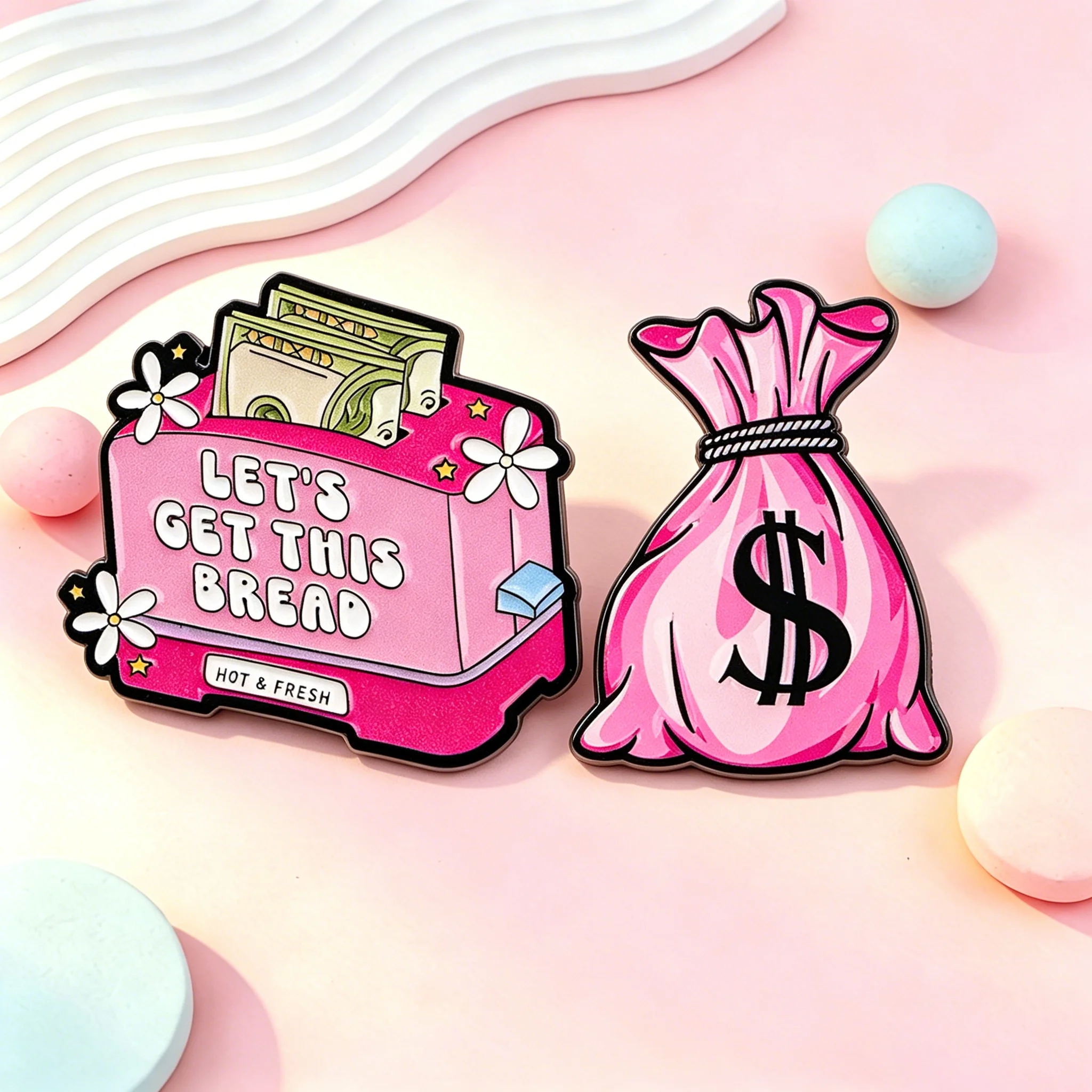 "Let's Get This Bread" & Money Bag Enamel Pins Pink Brooches Badges for Backpacks Hats Collection Gifts Cosplay Accessories