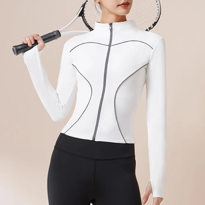 Aiithuug Autumn Spring Top Reflective Stripe Night Run Yoga Jackets Thumbhole Yoga Jacket Long Sleeve Sports Jacket Gym Shirt