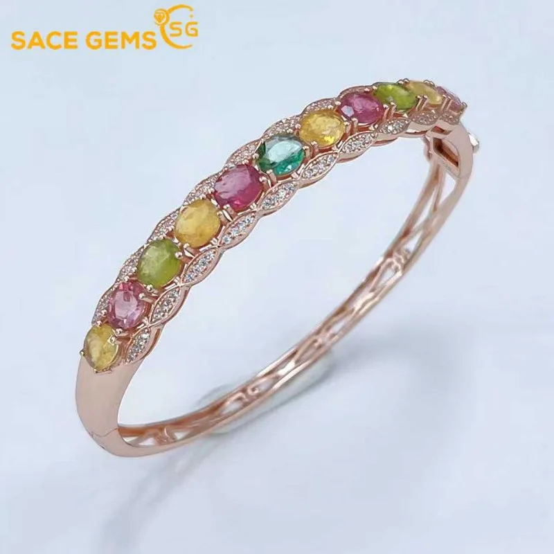 

SACE GEMS New Certified 5*6mm Natural Tourmaline Bracelets 925 Sterling Silver 18cm for Women Engagement Party Fine Jewelry