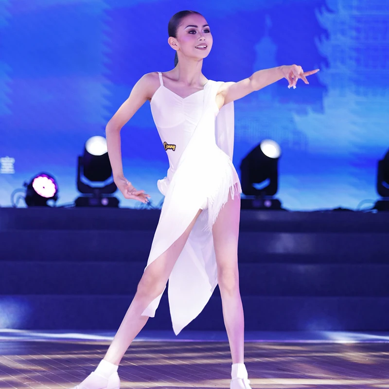 

Белое платье для латинских танцев, наряд для выступлений для девочек, летние платья без рукавов, танцевальная одежда для ча-ча, танго AMY2472