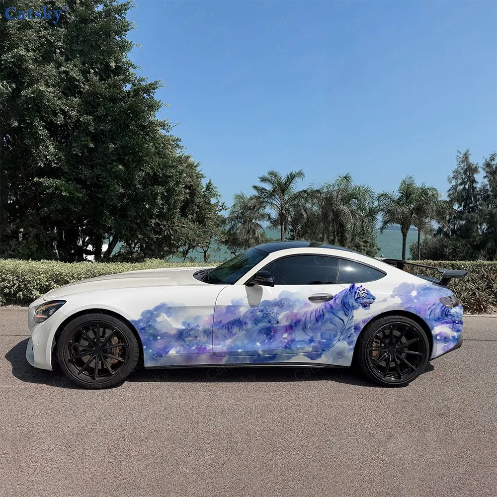 

2pcs Dreamy White Tiger Car Side Decals | Self-Adhesive PVC Waterproof & Scratch-Resistant Stickers, Fashionable Decals
