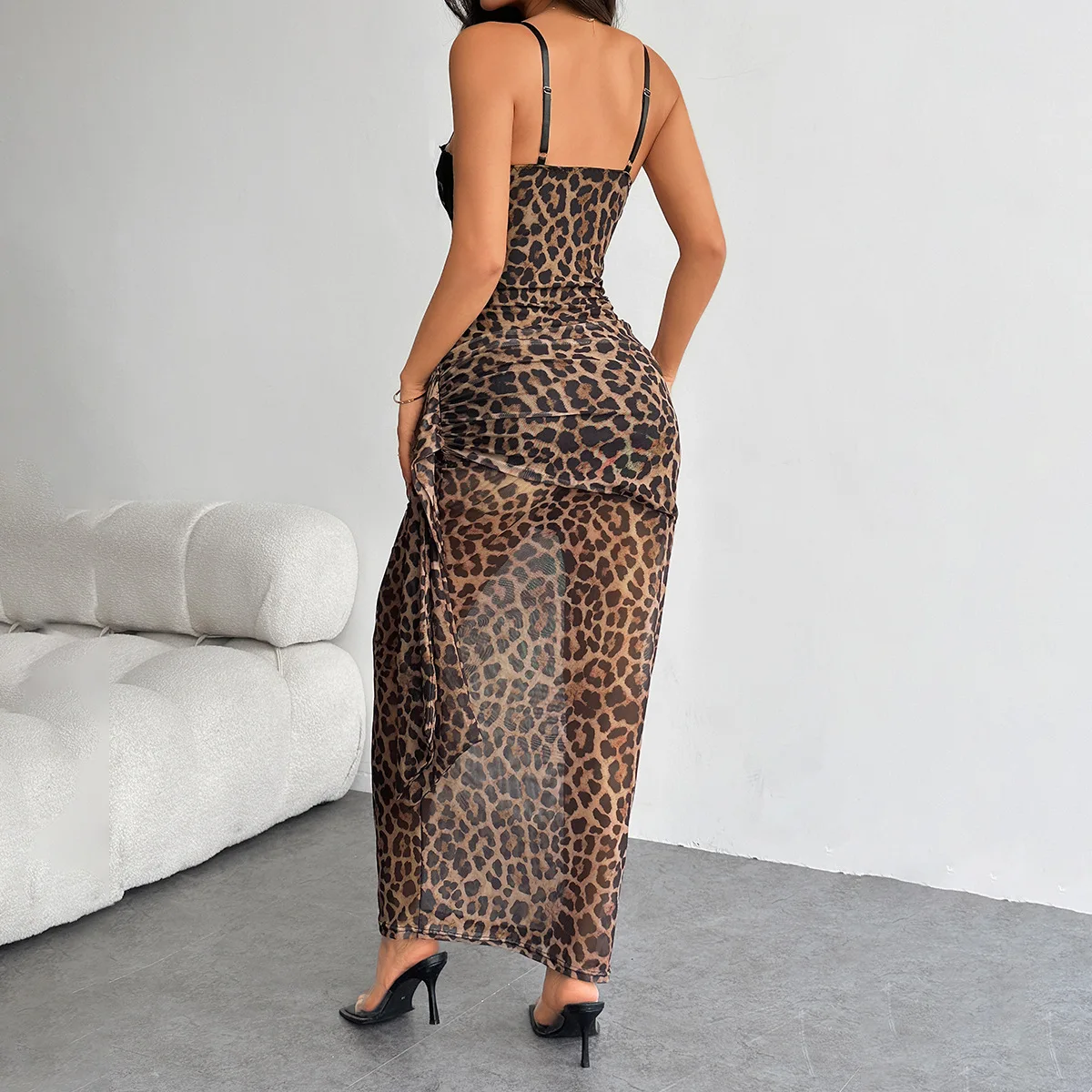 Sexy Mesh Bodycon Dress for Women Leopard Patchwork Sheer Sleeveless Stretch Maxi Dress Y2K Club Party Summer Streetwear