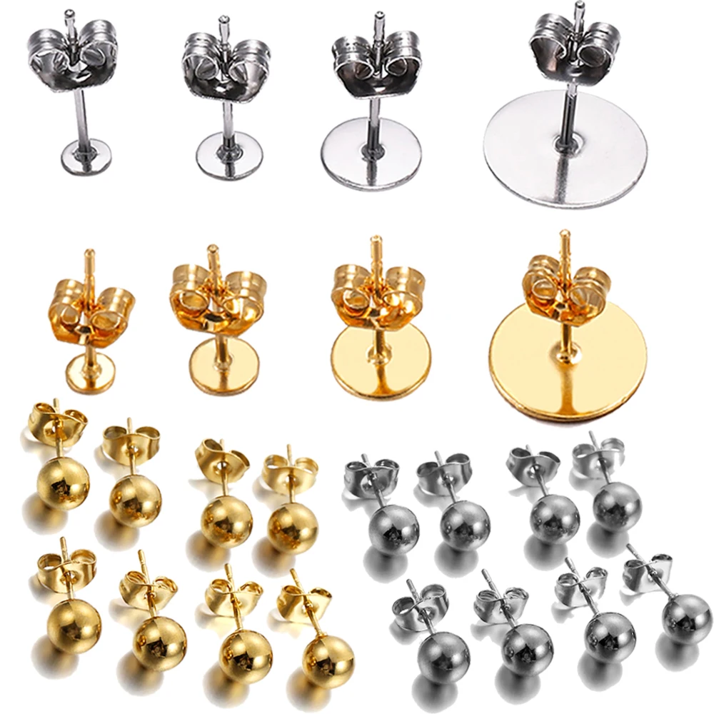 20-100pcs/lot 3-12mm Stainless Steel Blank Post Earring Stud Base Ear Pins With Earring Plug For DIY Jewelry Making Supplies