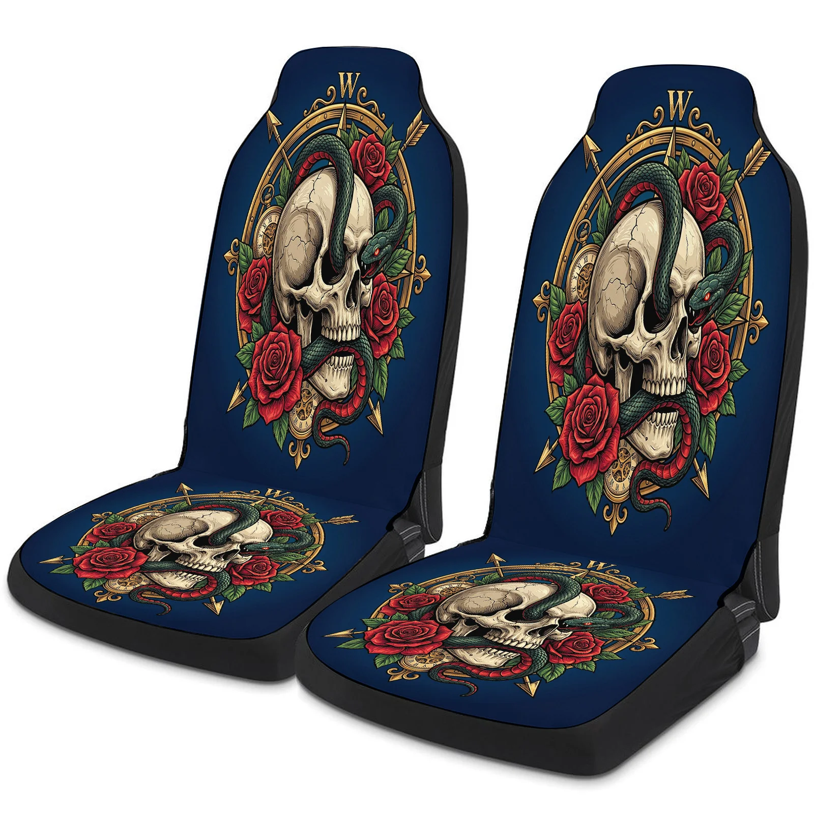 Skull Snake Roses Compass Themed Car Seat Cover Set For Most Cars Trucks, Trendy Breathable Car Seat Protector Covers Full Set,