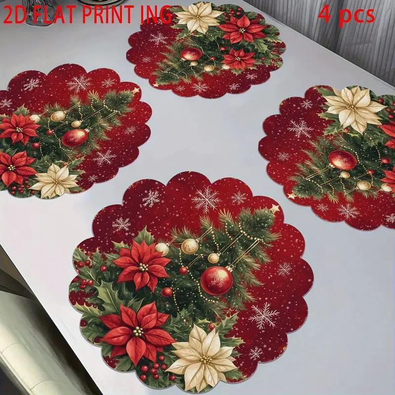 VIKAMA Wave Snowflake Poinsettia Placemat - Christmas Lace Heat Resistant Fabric Mat, Dining Table Decoration