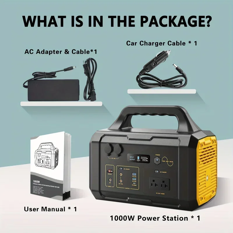 1000W Portable Power Station - 1075Wh LiFePO4 Battery, 9-Port Power Hub with 1000W AC Outlets, Home Battery Backup