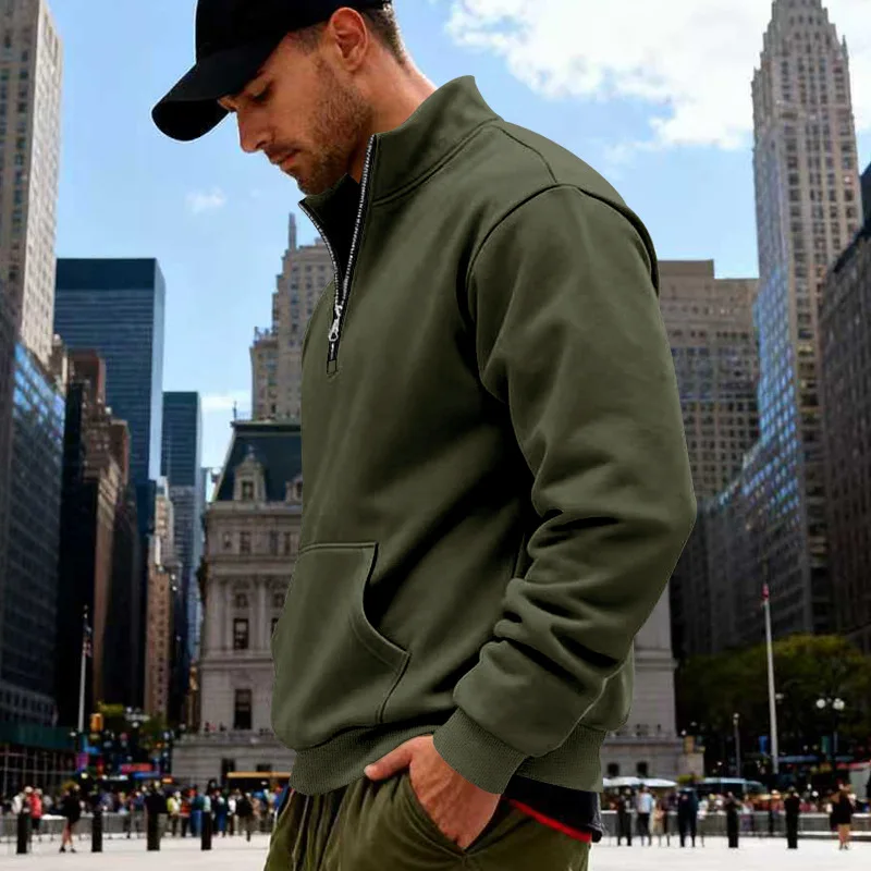 Grenzübergreifender Herbst- und Winter-Samt-Pullover für Herren, locker geschnitten, im Retro-Stil, lässig, mit Stehkragen, halbem Reißverschluss und Taschen für Pendler. – Detail 24