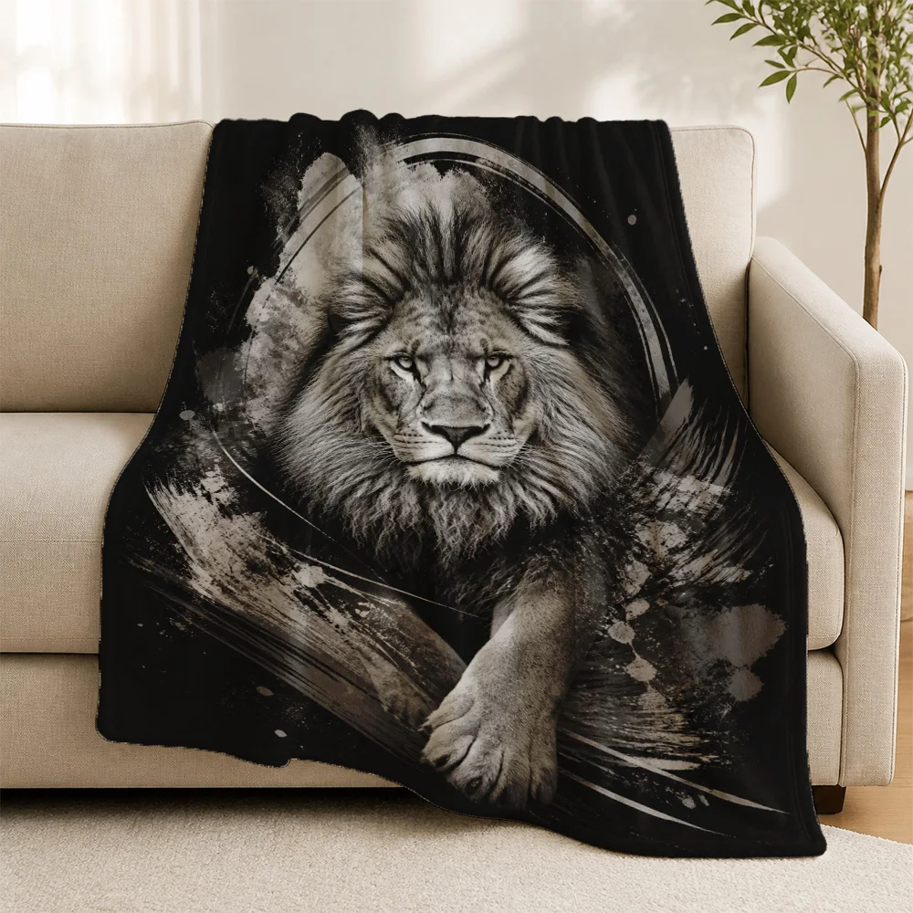 Dramatic Lion Face Throw Blanket for Sofa Couch Living Room Home Decor Plush Fleece Throw Cover Modern Animal Art