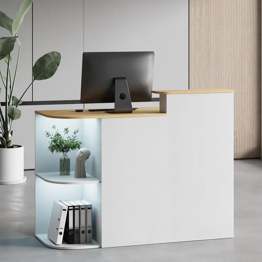 ern Retion Desk with LED Light and Hidden Power Outlet, ront Desk with DIY Metal Strips, Retion Counter Table or Checkout, Oice,