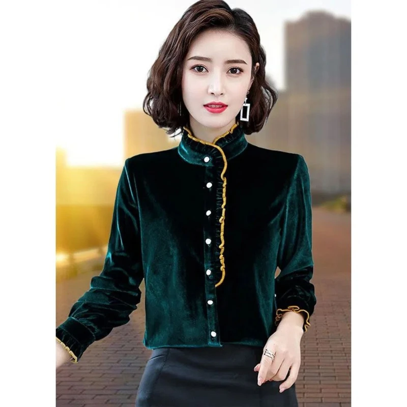 Plus Size Women Clothing Gold Velvet Shirt Tops Spring Autumn New Long Sleeve Contrast Patchwork Vintage Blouse Fashion Elegant