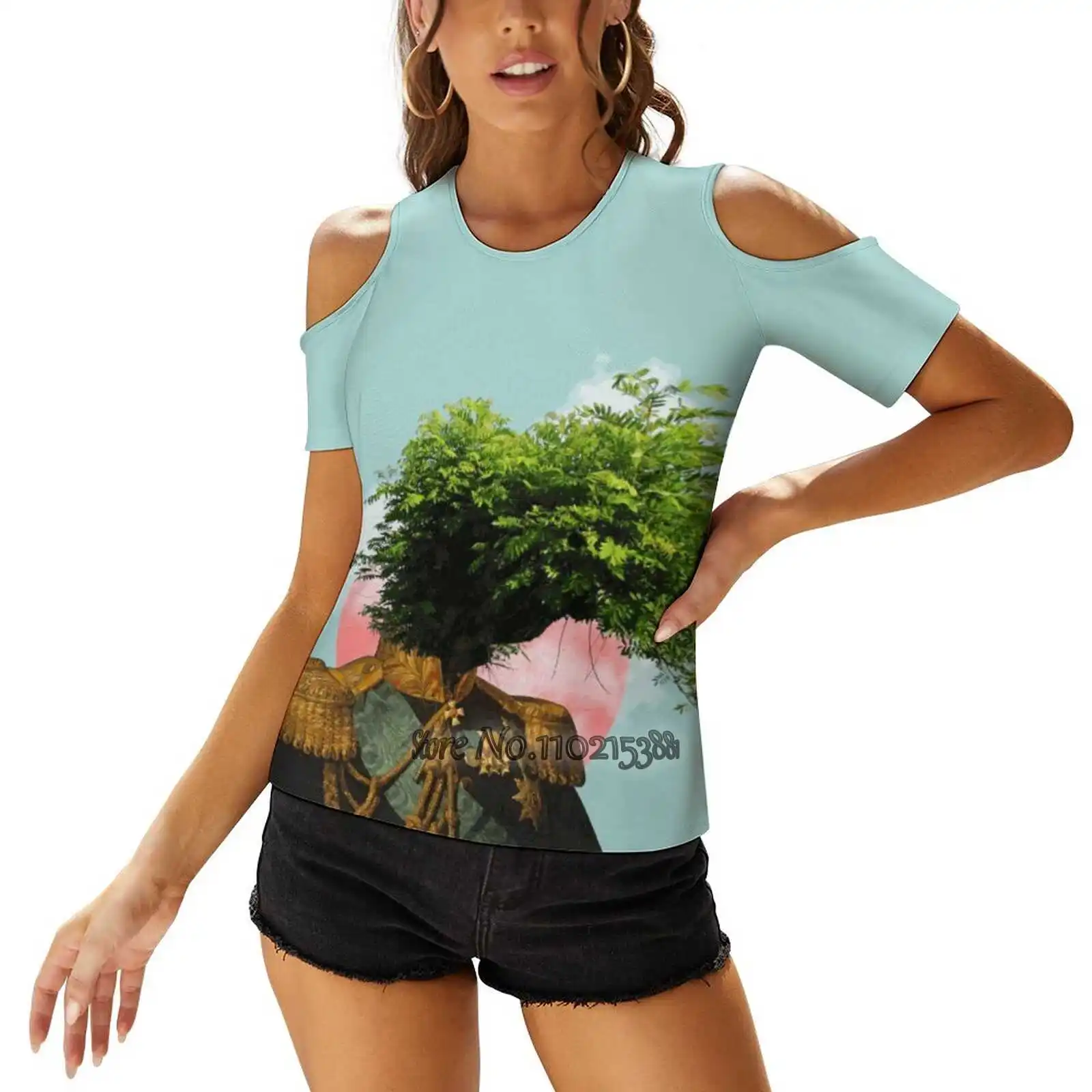 Tree Man. Sexy T-Shirt Casual Tops One Shoulder Lacing T Shirts Korean T-Shirts Collage Collage Art Collage Artist Cut And