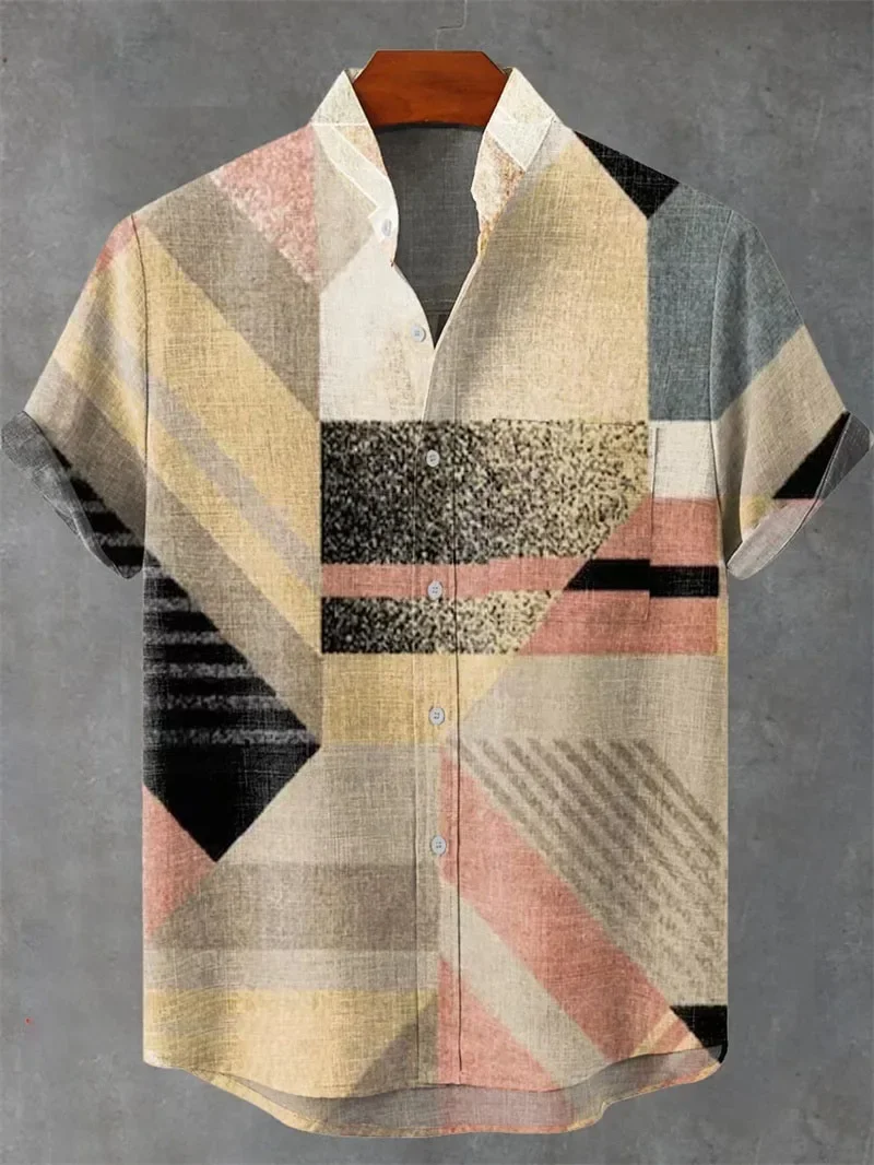 New Men's Ethnic Style 3D Printing Design Casual Vacation Linen Top Shirt Hawaiian Beach Lapel Short-sleeved Breathable Fashion