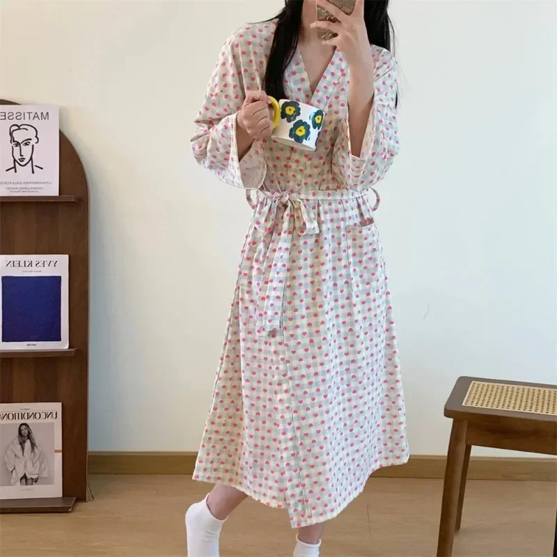 Long sleeve Nightgown Women Japanese Spring and Autumn Kimono Bathrobe Mid-Length Sweet and Cute Plaid Little Love Homewear N...