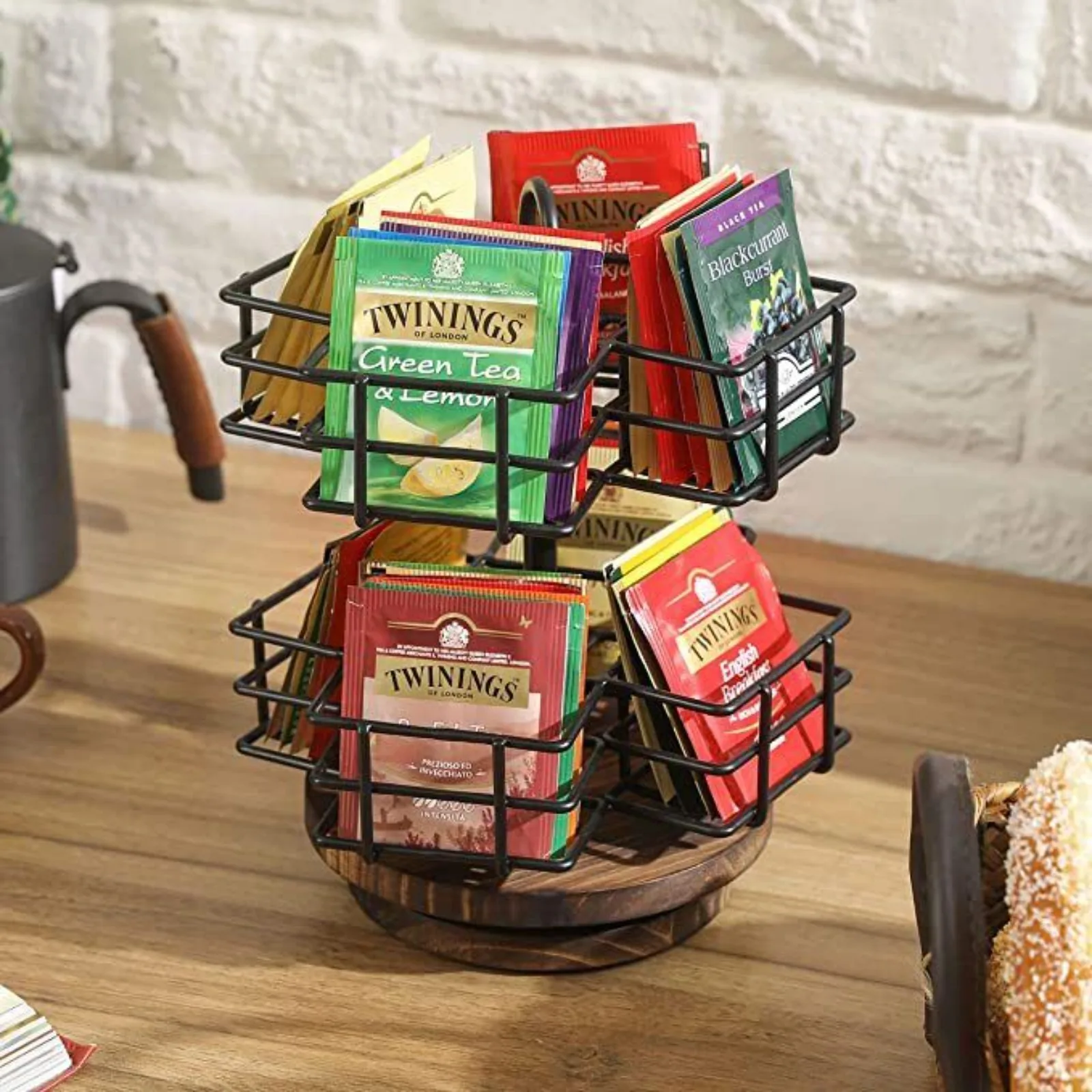 Matte Black Metal Wire Baskets & Burnt Wood Rotating Tea Bag Organizer Rack United States