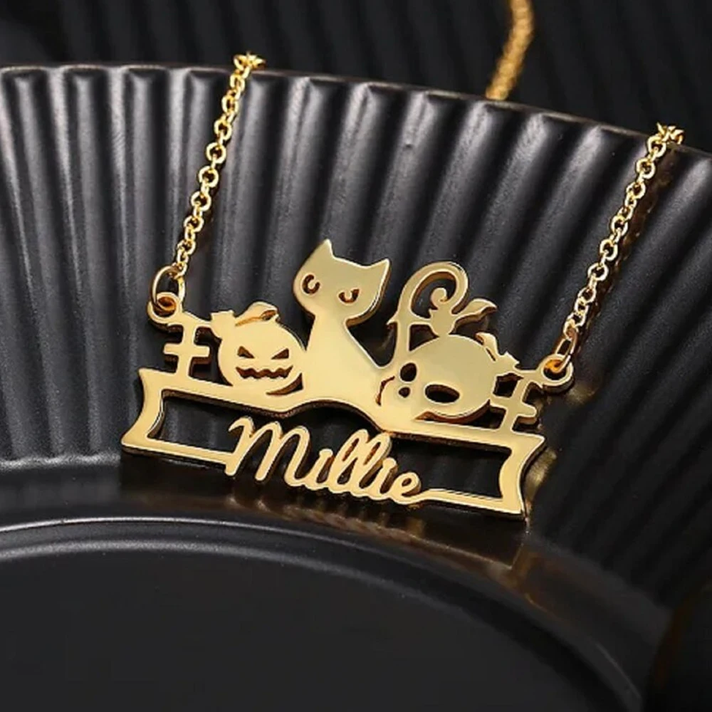 Personalized Cat Pumpkins Name Necklace for Women Custom Skull Pendant Stainless Steel Jewelry Customized Halloween Party Gifts