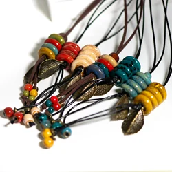 Handmade Ceramic Necklace with Adjustable Length, Multi-Color Beads, Leaf Pendants, Vintage Style for Women, 25g, DIY Jewelry