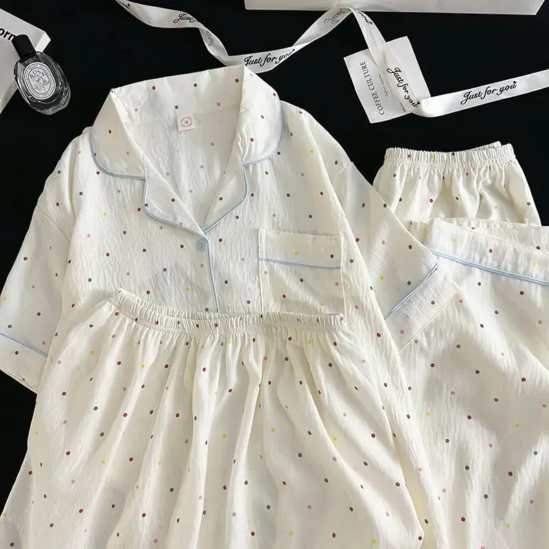 Polka Dot Elegant Women 3PCS Pajama Set Sleepwear Pajama Set Top and Pant with Shorts 3 Piece Set Home Suit Sweet Outfits Y2K image 3