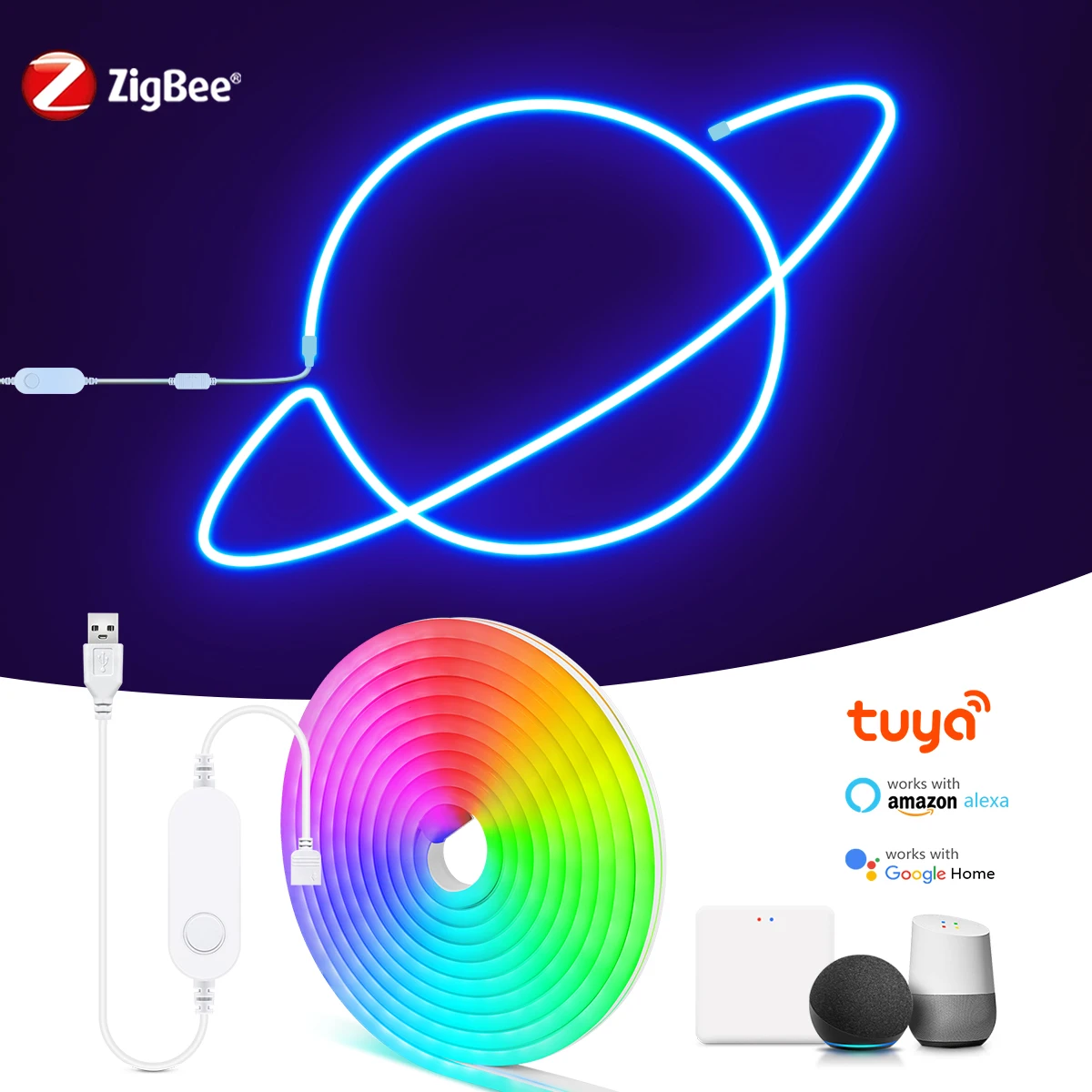 

Умная Светодиодная лента RGB Tuya WiFi Zigbee с управлением телефоном, гибкая неоновая LED полоска с USB для подсветки телевизора, комнат, лампа Alexa Google