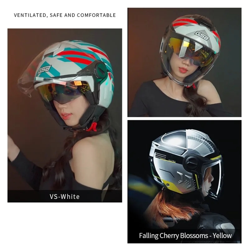 GSB Motorcycle Rider Half Helmet Double Lens Semi Covered Personalized and Lightweight All Season C290 Safety Certified Helmet