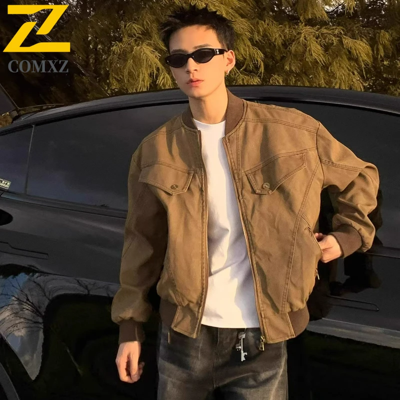 

COMXZ Retro Motorcycle Jackets Man 2025 Autumn Men Clothing Trendy Zipper Design Loose Workwear Coat Streetwear Bomber Jacket