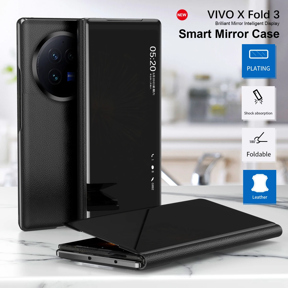 

Smart Window Phone Case For VIVO X Fold 3 Fold 3Pro Plating Mirror Magnetic Suction Bracket Leather Cover, Shockproof Anti-drop