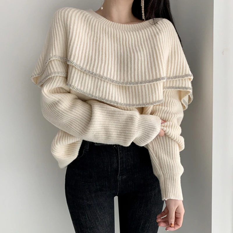 

Lurex Gaganight Women Double Ruffles Collar Sweater Casual Loose Sweet Pullover Sexy Lady Chic Korean Sweaters Solid Pull Femme